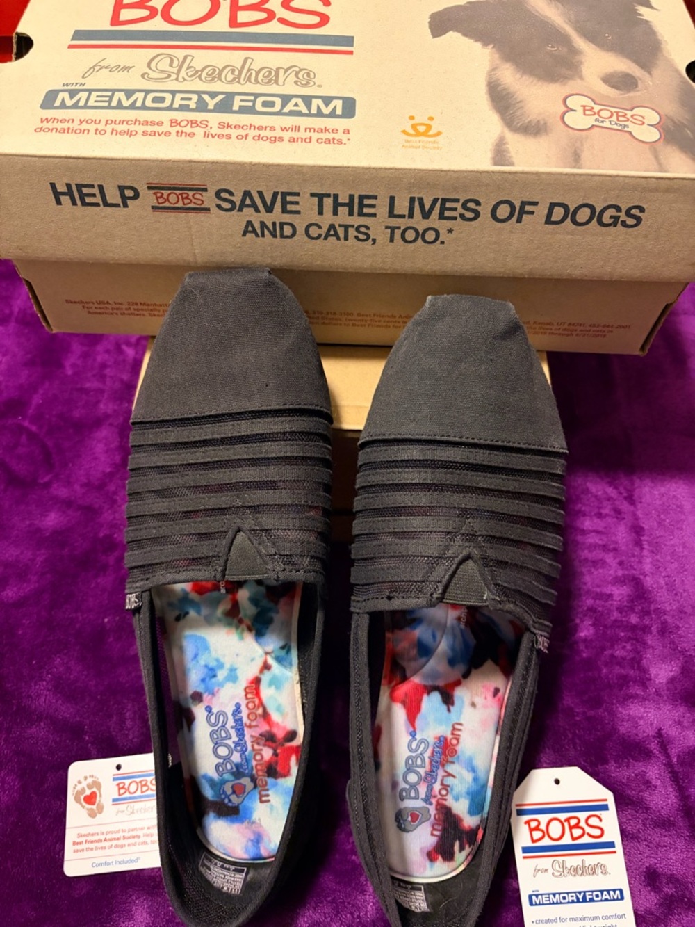 BOBS from Skechers Black Canvas Slip-On Flats with Patterned Insole